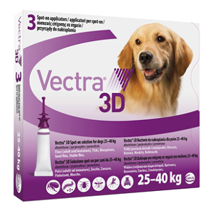 Ceva salute animale spa Vectra 3d Spot-on Soluzione 3 Pipette 4,7ml 256mg + 22,7mg + 1865mg Cani Da 25 A 40 Kg Tappo Viola