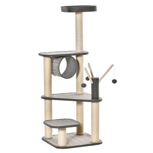 Pawhut Albero Tiragraffi per Gatti Adulti e Gattini da 130cm, Lettino, Tunnel per Gatti e Pali in Sisal, Palline e Rivestimento Peluche, Grigio