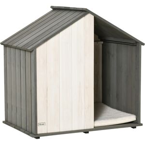 Pawhut Cuccia per Cani a Forma di Casetta in Legno, Cani di Taglia Piccola e Media Max. 15kg, con Cuscino Incluso, Grigio e Bianco