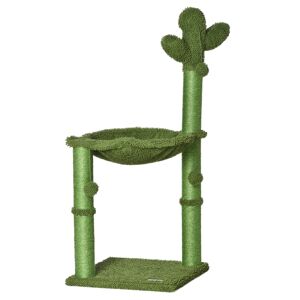 Pawhut Albero Tiragraffi per Gatti Adulti e Gattini a Forma di Cactus con Corda Sisal, Palline e Amaca, Altezza 96cm, Verde