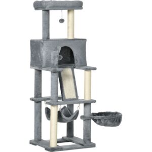 Pawhut Albero Tiragraffi Per Gatti Con Pali In Sisal, Casetta, Lettino E Amache, 48x48x140cm, Grigio