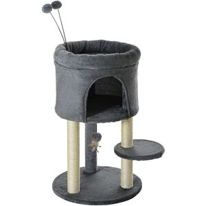 Pawhut Albero Tiragraffi per Gatti con Casetta e Lettino, Pali in Sisal e Palline, 44.5x44.5x73.5cm, Grigio