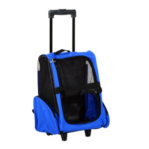 Pawhut Trasportino Zaino 2 in 1 per Cani e Gatti con Tasche Laterali, Maniglia Telescopica e Ruote, 42x25x55cm, Blu