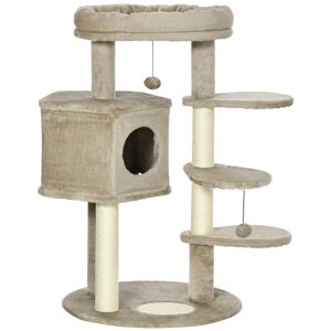 Pawhut Albero Tiragraffi per Gatti con Pali in Sisal, Lettino, Casetta e Piattaforme, 55x55x94 cm, Marrone