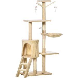 Pawhut Albero Tiragraffo per Gatto con Cuccia e Giocattolo Sospeso Graffiatoio Gioco Albero per gatti  Beige 40 × 30 × 131cm  Aosom.it