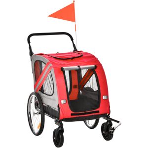 Pawhut Rimorchio Cani e Carrello, Design 2 in 1 con Ingresso Traspirante a Cerniera, Ruote e Bandiera, in Acciaio e tessuto Oxford, Rosso Argento Nero