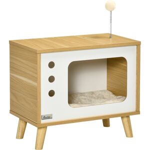 Pawhut Casetta per Gatti a forma di Televisore con Cuscino e Pallina Giocattolo, Mobile da Soggiorno in Truciolato, 50x28x43 cm