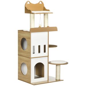 Pawhut Albero per Gatti in MDF con Tiragraffi per Gatti in Sisal, 2 Casette per Gatti, Posatoi e Pallina da Gioco, 60x48x133 cm, Bianco e Rovere