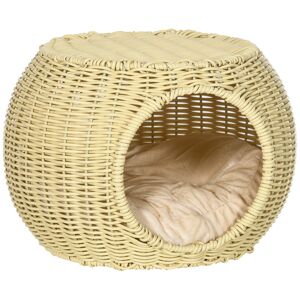 Pawhut Casetta per Gatti a 2 Livelli in Rattan PE con Cuscino Lavabile, Ø40x30cm, Beige