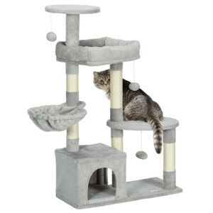 Pawhut Tiragraffi per Gatti in Truciolato con Palo in Sisal, Casetta e Posatoi, 65x30x104 cm, Grigio Chiaro