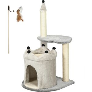 Pawhut Albero Tiragraffi per Gatti con Casetta e Lettino, Rivestimento Peluche e Gioco, 48x48x86cm, Grigio