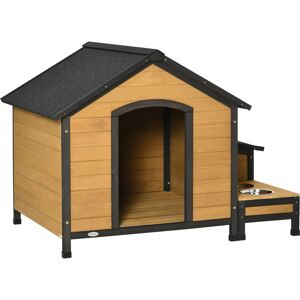 Pawhut Cuccia per Cani Taglia Media in Legno di Abete con 2 Porta Ciotole, Box per Riporre e Tetto in Bitume, 130x93x92cm, Color Legno e Nera