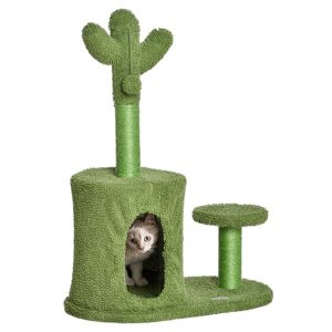 Pawhut Albero Tiragraffi per Gatti Adulti e Gattini a Forma di Cactus con Corda Sisal, Palline e Cuccia, Altezza 78cm, Verde