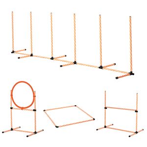 Pawhut Set Agility Dog per Addestramento Cani con Slalom, Ostacoli Regolabili, Fischietto e Sacca di Trasporto