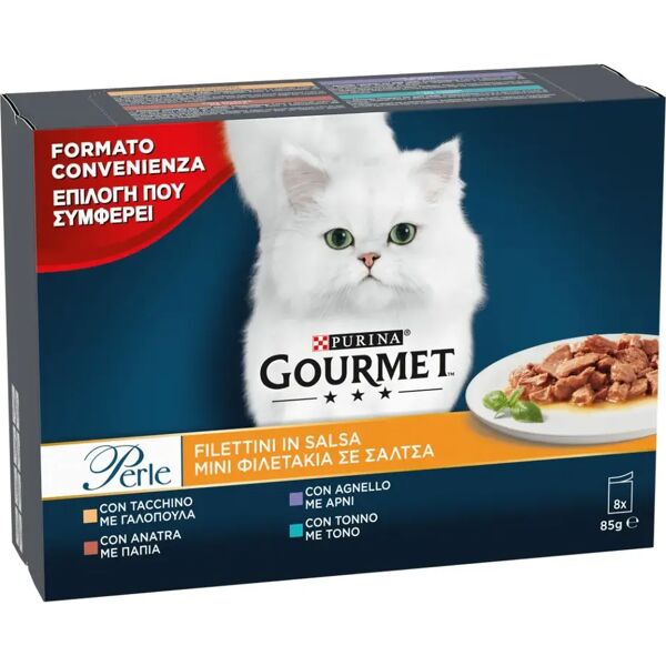 gourmet perle filettini in salsa cat busta multipack 8x85g mix carne e pesce