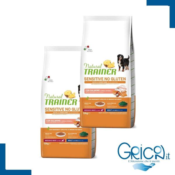 natural trainer sensitive no gluten medium&maxi adult con salmone - 12 kg - 2+ sacchi