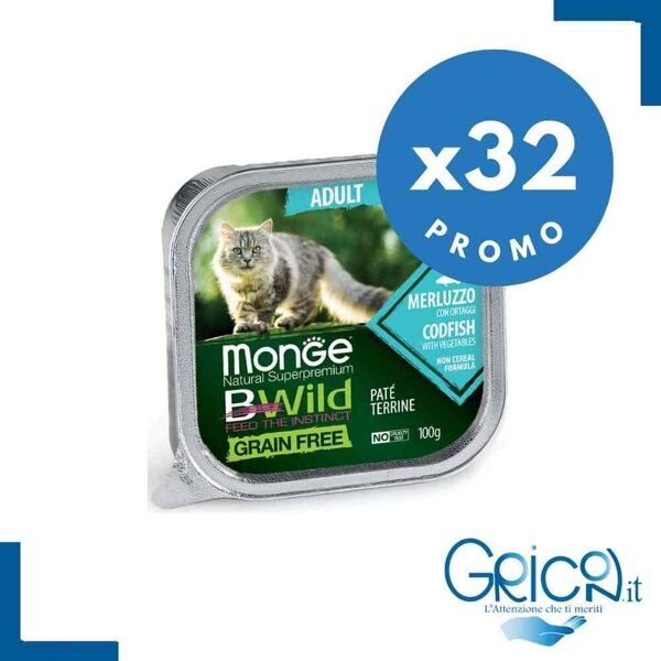 monge bwild grain free gatto merluzzo con ortaggi (fagiolini e carote) 100 g - 32 pz