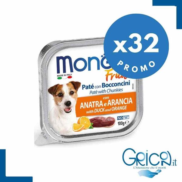 monge cane fruit paté e bocconcini con anatra e arancia 100 g - 32 pz