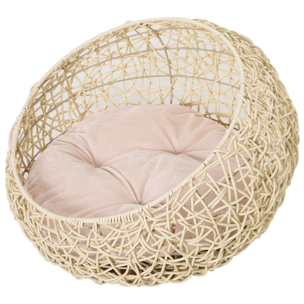 pawhut cuccia cesta per gatti in rattan con cuscino in lino e cotone beige diametro 56 x 35 cm