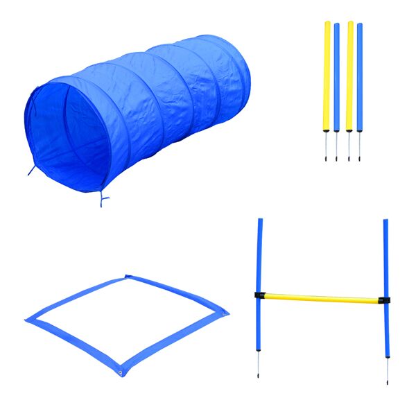 pawhut set agility dog per addestramento cani con tunnel, slalom e ostacolo, sacca di trasporto, giallo e blu