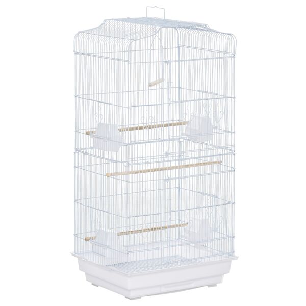 pawhut voliera  per uccelli gabbie per pappagalli in metallo e plastica con trespoli, altalena e ciotole,46.5x35.5x92cm, bianco