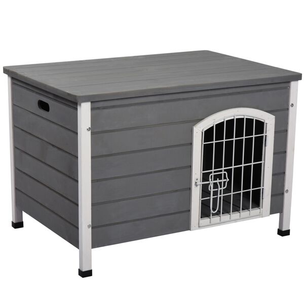 pawhut cuccia per cani da esterno, casetta per cani in legno impermeabile con porta richiudibile, 80x55x53.5cm, grigio