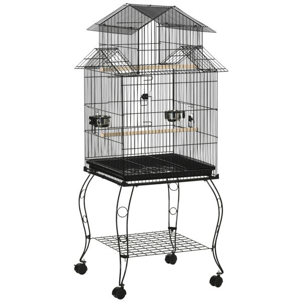 pawhut gabbia per uccelli da interni in acciaio e legno con vassoio estraibile, 4 ruote, trespolo e contenitore per alimenti, 50x49x137cm, nero