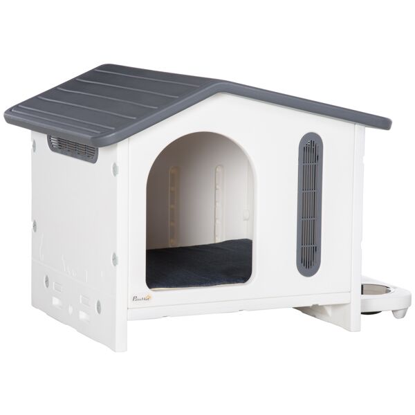 pawhut casetta per cani rialzata con vassoio per 2 ciotole, finestre e cuscino in gommapiuma, 70x64x56 cm