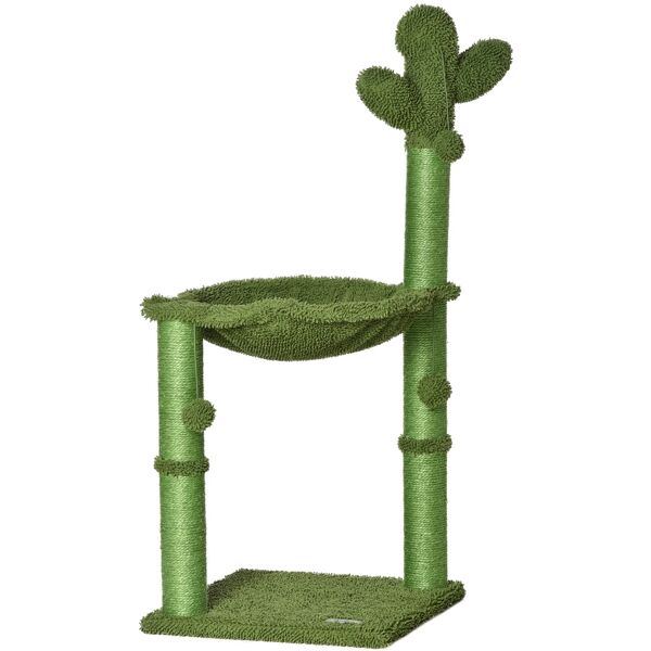 pawhut albero tiragraffi per gatti adulti e gattini a forma di cactus con corda sisal, palline e amaca, altezza 96cm, verde