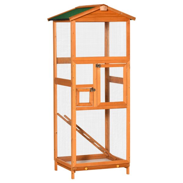 pawhut gabbia per uccelli alta 165cm in legno da esterno con 2 porte e vassoio estraibile, arancione