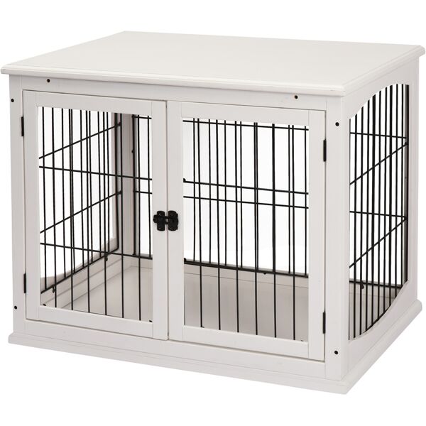 pawhut casetta per cani da interno, gabbietta per animali in legno e metallo con doppia porta, 58.5x81x 66cm, bianco