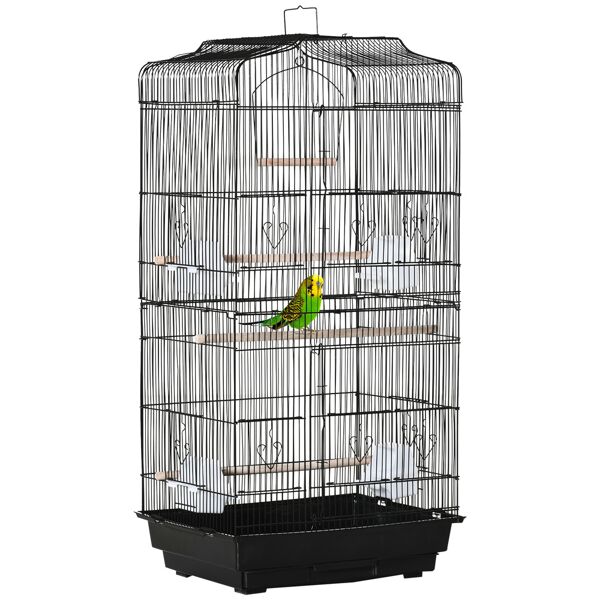 pawhut gabbia per uccelli in metallo e plastica con trespoli, altalena e ciotole, 46.5x35.5x92 cm, nero