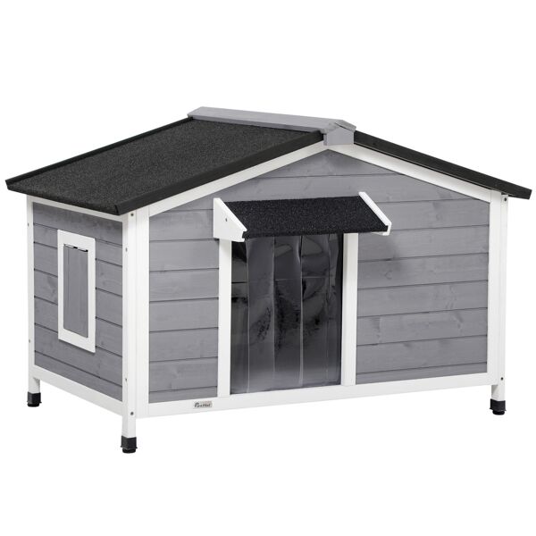 pawhut casetta per cani in legno con design rialzato, tenda protettiva e 2 finestre, 109x79x72 cm