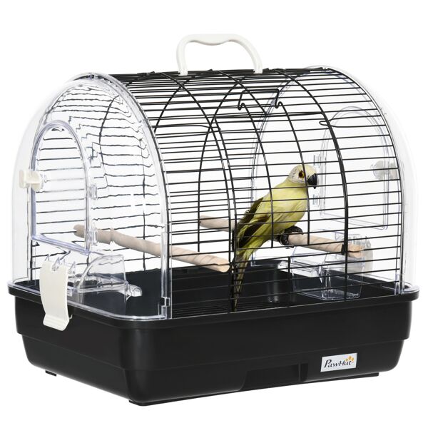 pawhut gabbia per uccelli in acciaio con posatoi, vassoio rimovibile e maniglia, 42x32x37 cm, nero