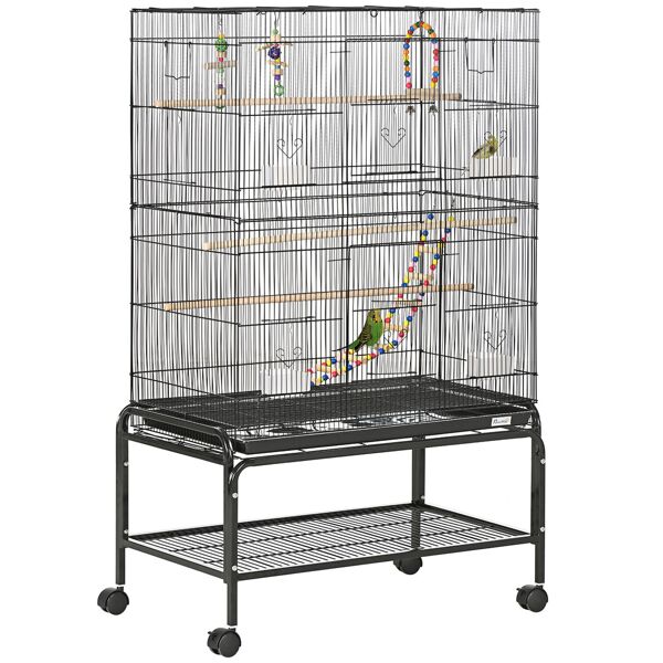 pawhut gabbia per uccelli in acciaio con posatoi, giochi, contenitori per cibo e vassoio, 79x49x133 cm, nero