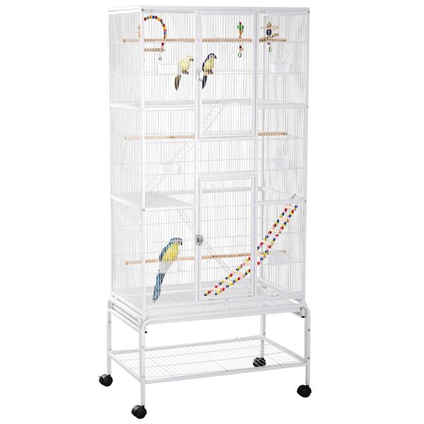 pawhut gabbia per uccelli in acciaio e pp con posatoi, giochi, contenitori per cibo e vassoio, 83x53x180 cm, bianco