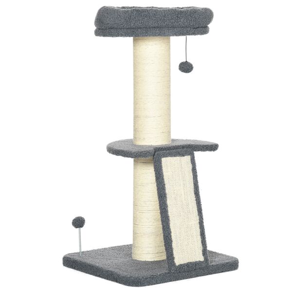pawhut torre per gatti tiragraffi con palline e posatoi, in truciolato, sisal e finto vello d'agnello, 48x48x92 cm