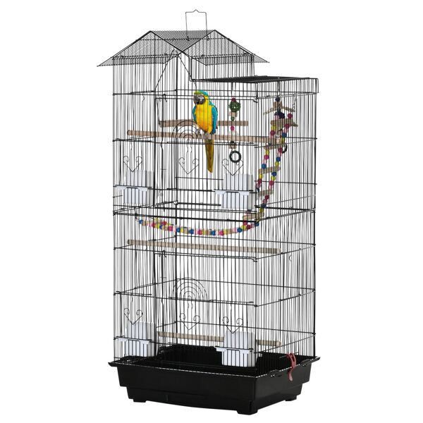 pawhut gabbia per uccelli con scaletta, altalena, ciotole e giochi, in acciaio, pp e legno, 46x36x100 cm, nera