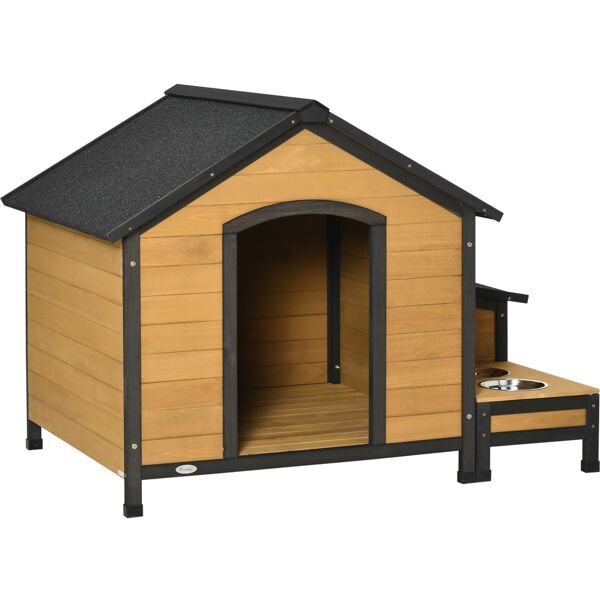 pawhut cuccia per cani taglia media in legno di abete con 2 porta ciotole, box per riporre e tetto in bitume, 130x93x92cm, color legno e nera