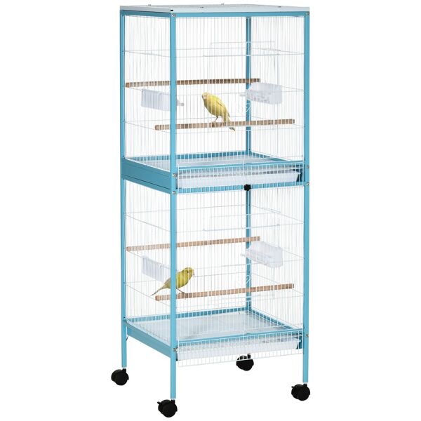 pawhut gabbia per uccelli 2 in 1 voliera per interni con 4 ruote girevoli, vassoi estraibili e contenitori in plastica, 51.5x50x140cm, azzurra