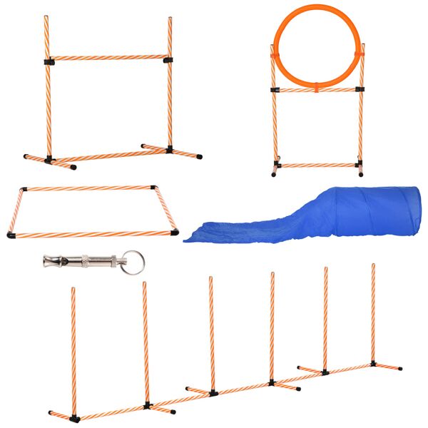 pawhut attrezzi agility dog set completo percorso agility dog con 5 pezzi slalom, ostacolo e tunnel, arancione