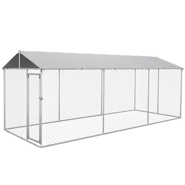 pawhut kennel per cani da esterno con tetto impermeabile in tessuto oxford e acciaio, 6x2.3x2.3m, argento