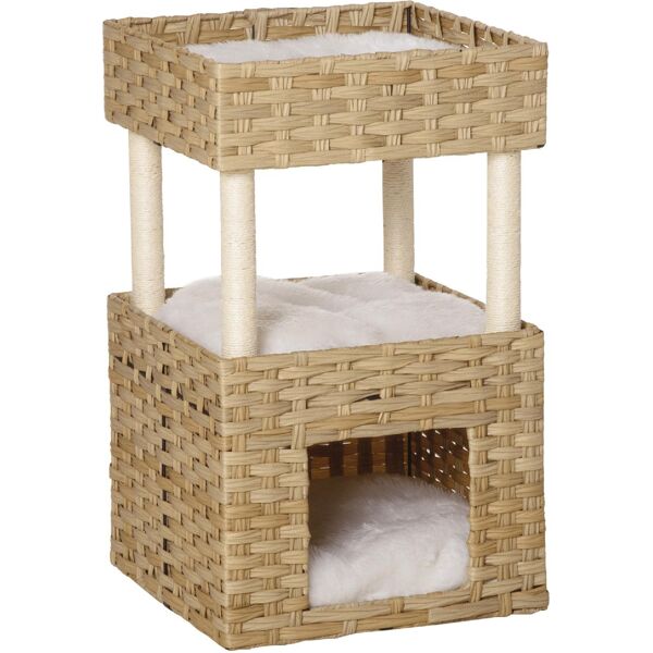 dechome 438nd cuccia per gatti da interno casetta 3 livelli in rattan pe con cuscini lavabili in peluche 40x40x70cm legno