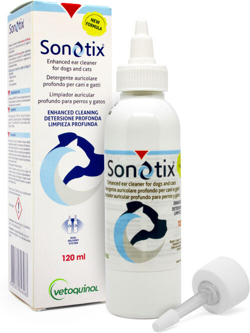 Vetoquinol Italia Srl Sonotix Detergente Auricolare Profondo Cani E Gatti Flacone 120 Ml + Cannula Corta Rigida + Cannula Lunga Flessibile