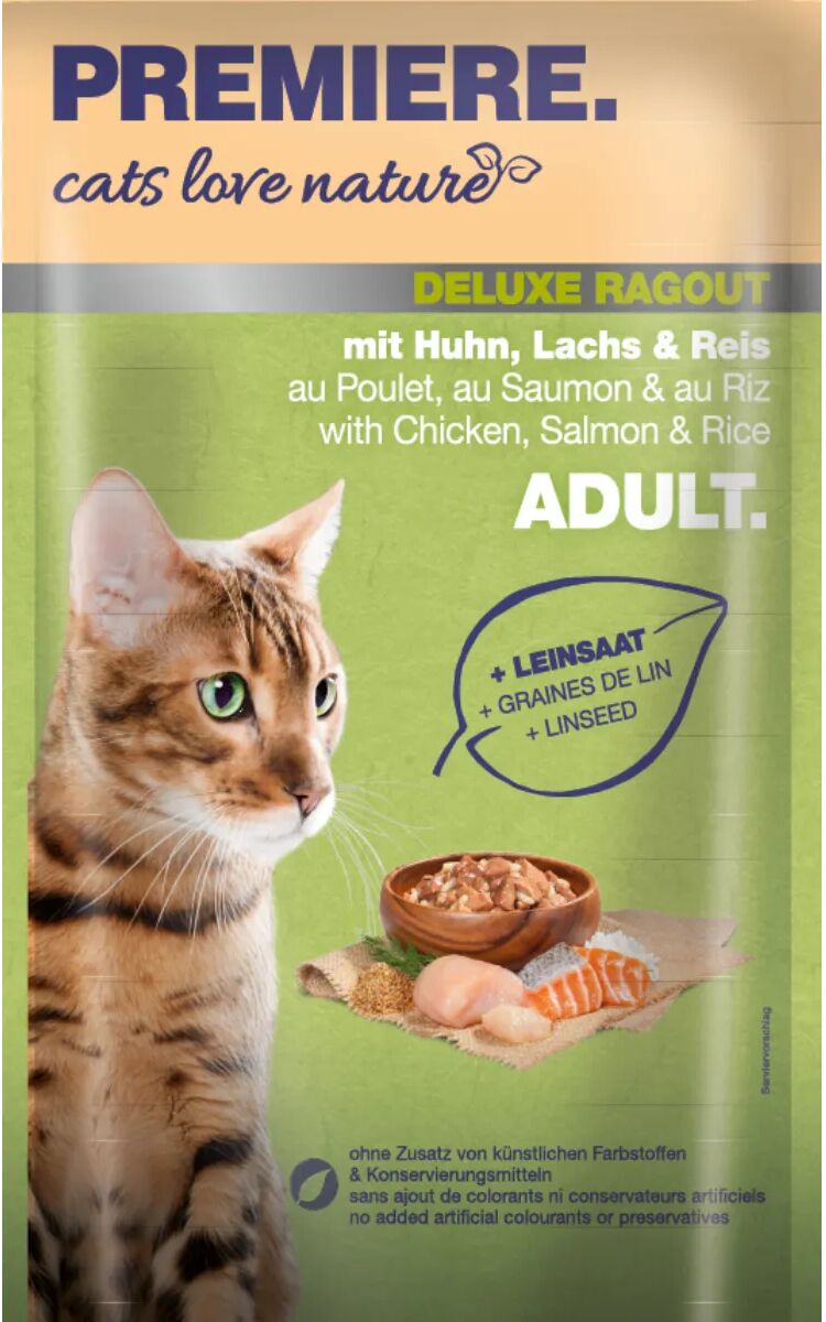 PREMIERE Deluxe Ragout Cat Busta Multipack 24x100G POLLO SALMONE E RISO