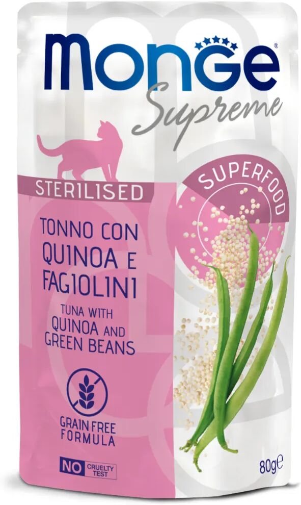 MONGE Supreme Cat Sterilised Busta Multipack 24x80G TONNO CON QUINOA E FAGIOLINI