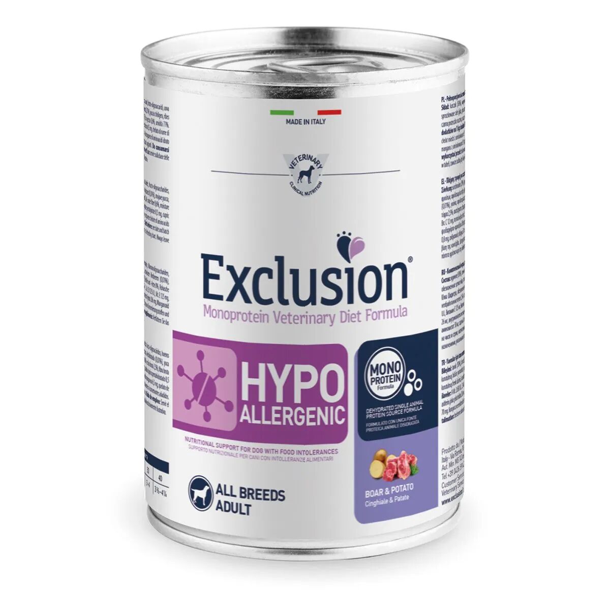 EXCLUSION Dog Diet Hypoallergenic All Breeds Lattina 400G CINGHIALE