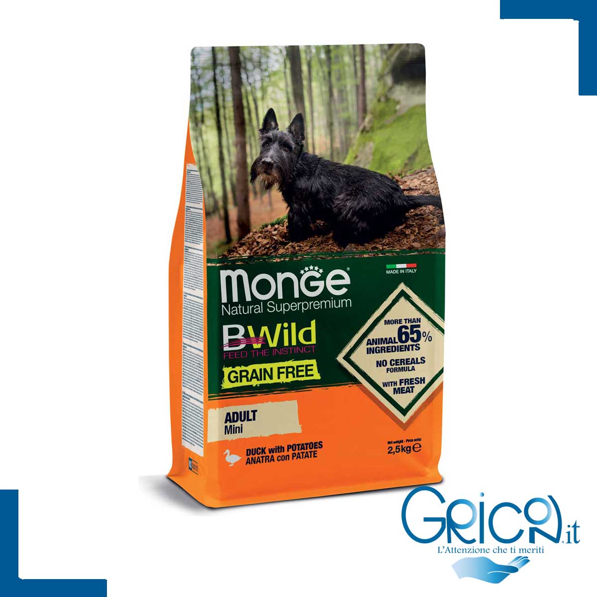 Monge Cane BWild Grain Free Anatra con Patate Mini Adult 2.5 Kg - 2+ sacchi