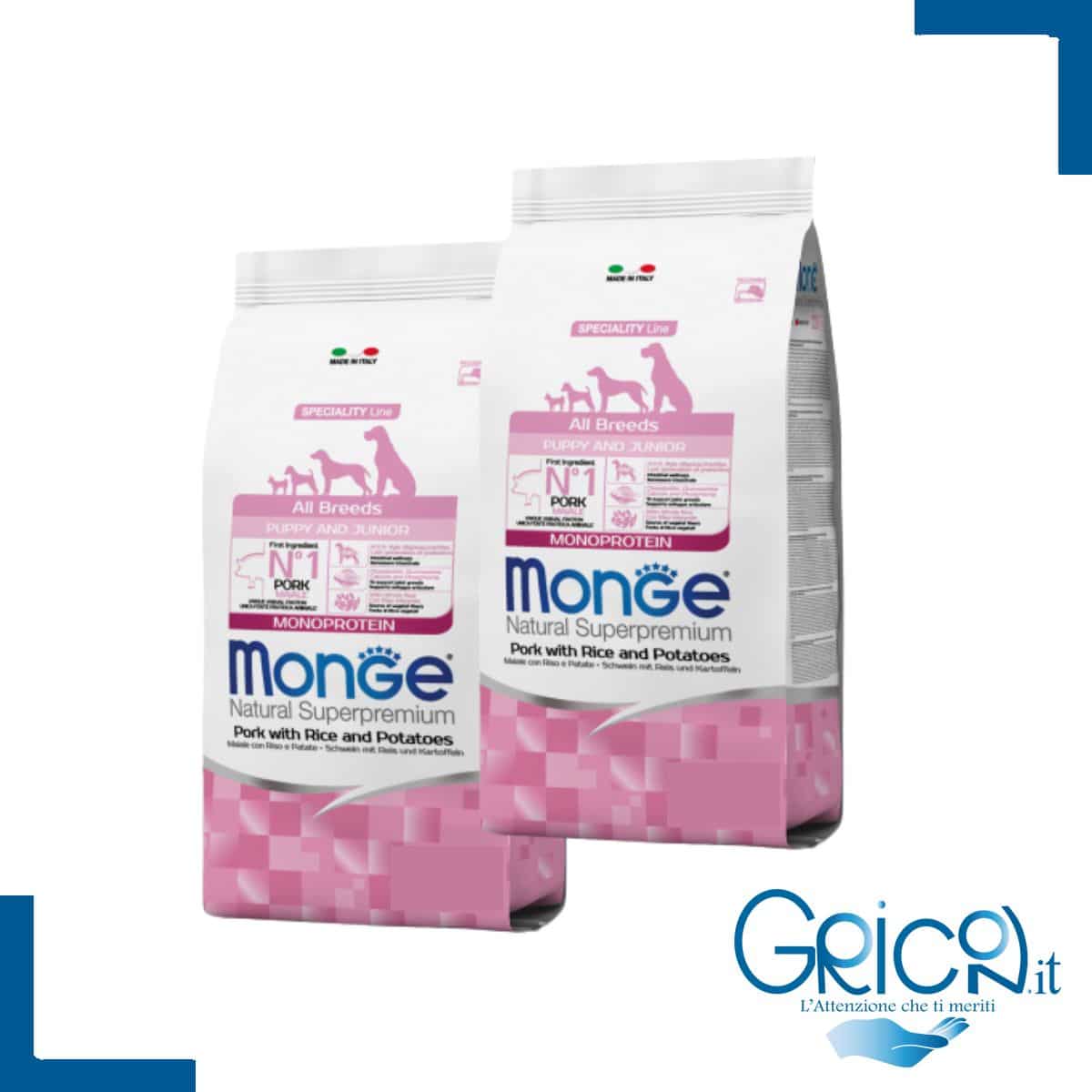 Monge Cane All Breeds Puppy & Junior Maiale con Riso e Patate - 2+ sacchi