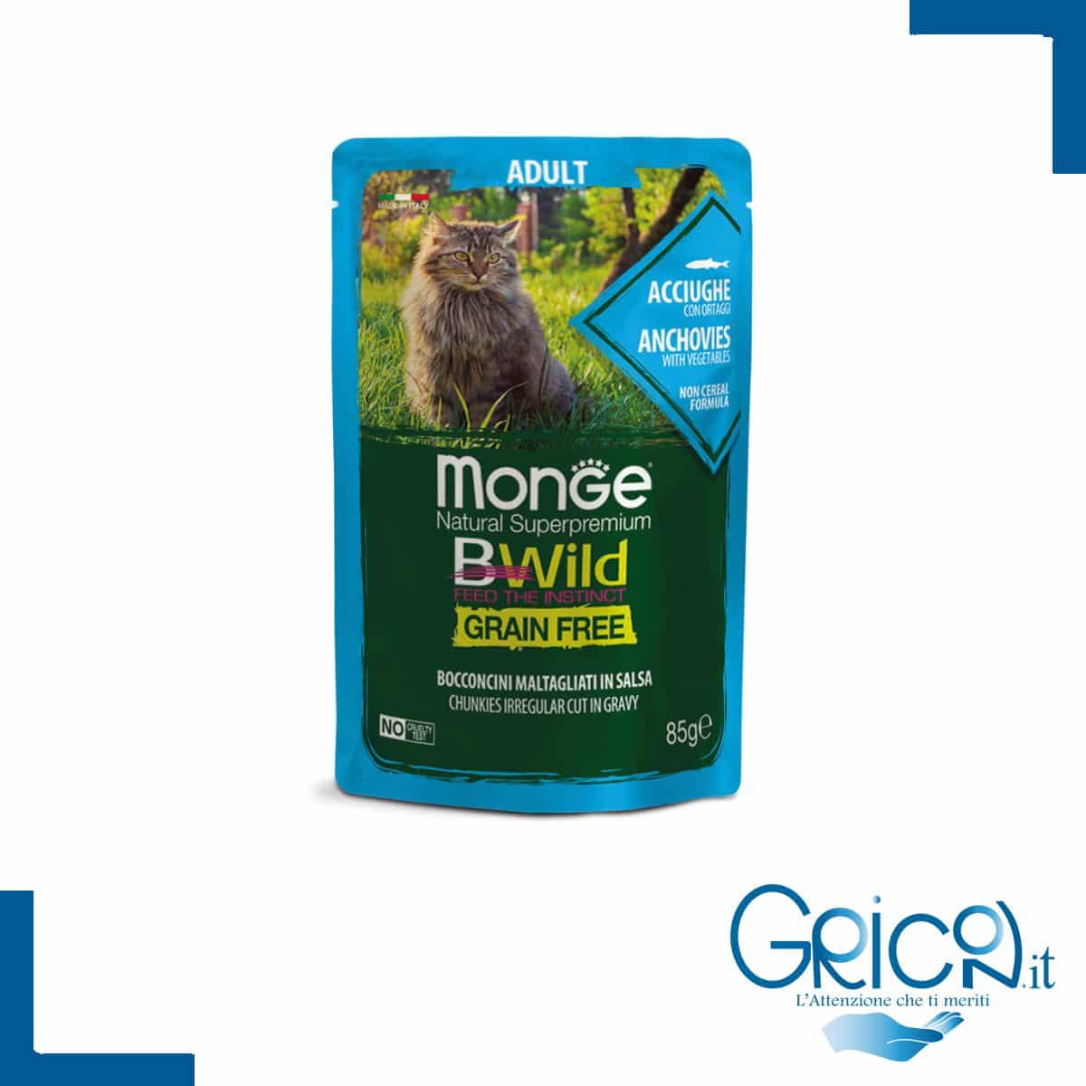 Monge Bwild Grain Free Gatto Acciughe con ortaggi (fagiolini e carote) 85 g - 1 pz